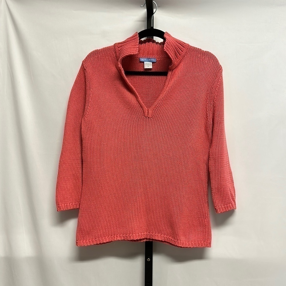 White + Warren Cotton Collared Sweater Rose Pink Medium Preppy Classic Coastal